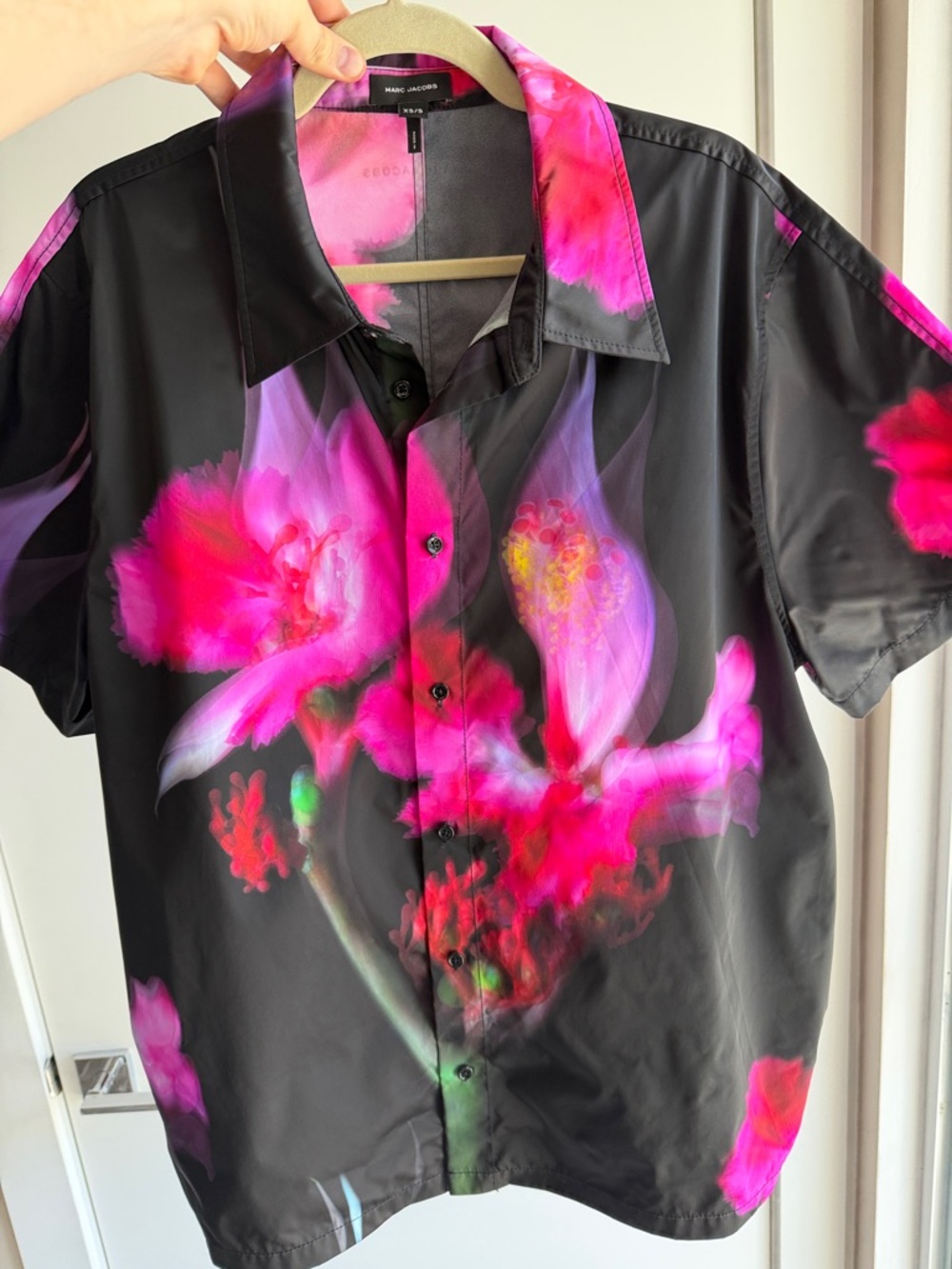 Marc Jacobs Black Button-Down Shirt with Vibrant Pink Floral Print